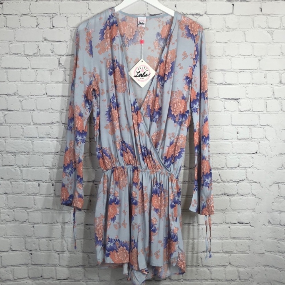 Selfie Leslie Floral Wrap Romper - Blue and pink